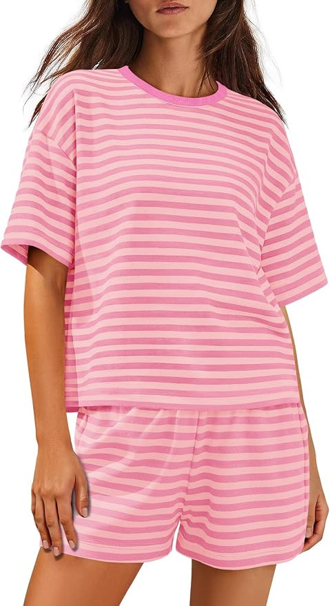 Panadila Womens Striped Short Sets 2 Piece Summer Matching Lounge Sets Short Sleeve T Shirts and ... | Amazon (US)