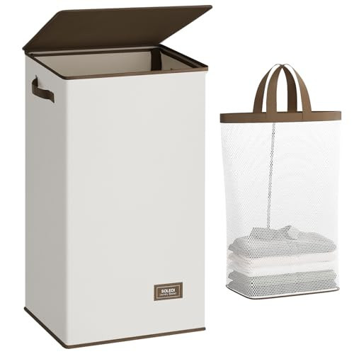 SOLEDI Clothes Hamper with Lid - 100L XL - Large Laundry Basket with Removable Bag, Collapsible Laundry Baskets, Convenient Storage - Hampers for Laundry for Bedroom, Bathroom, Closet, Dorm, Off-White | Amazon (US)