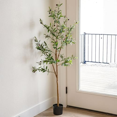 Sunnydaze Fake Olive Tree - 7ft Tall Faux Olive Tree with Pot - Indoor Artificial Plant with Black Weighted Base and Silk Leaves | Amazon (US)