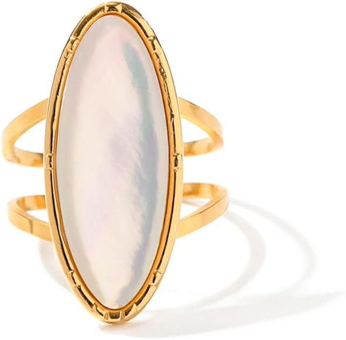 18K Gold Stainless Steel Iridescent White Mother-of-Pearl Oval Ring Luxury Pearl Jewelry | Amazon (US)