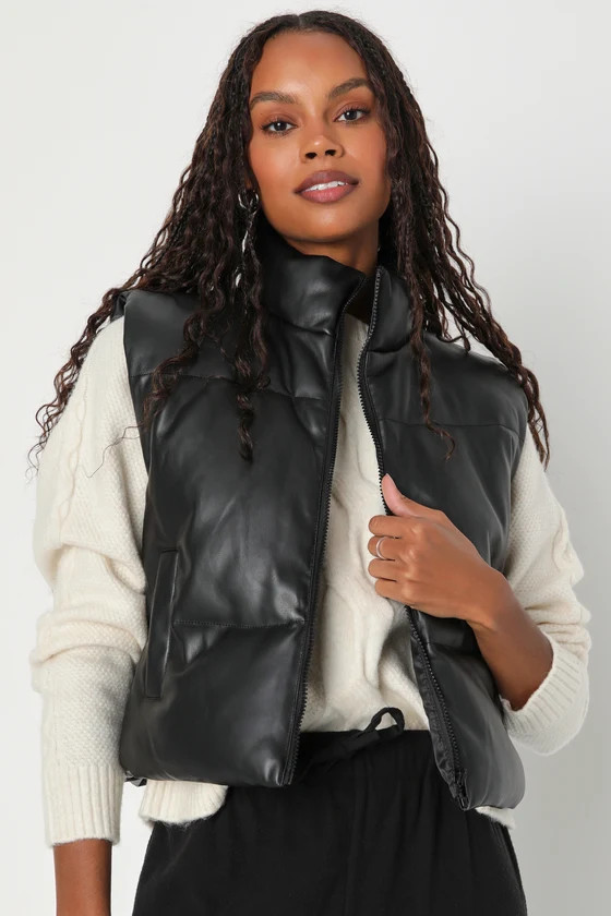 Cloud Nine Cutie Black Vegan Leather Cropped Puffer Vest | Lulus (US)