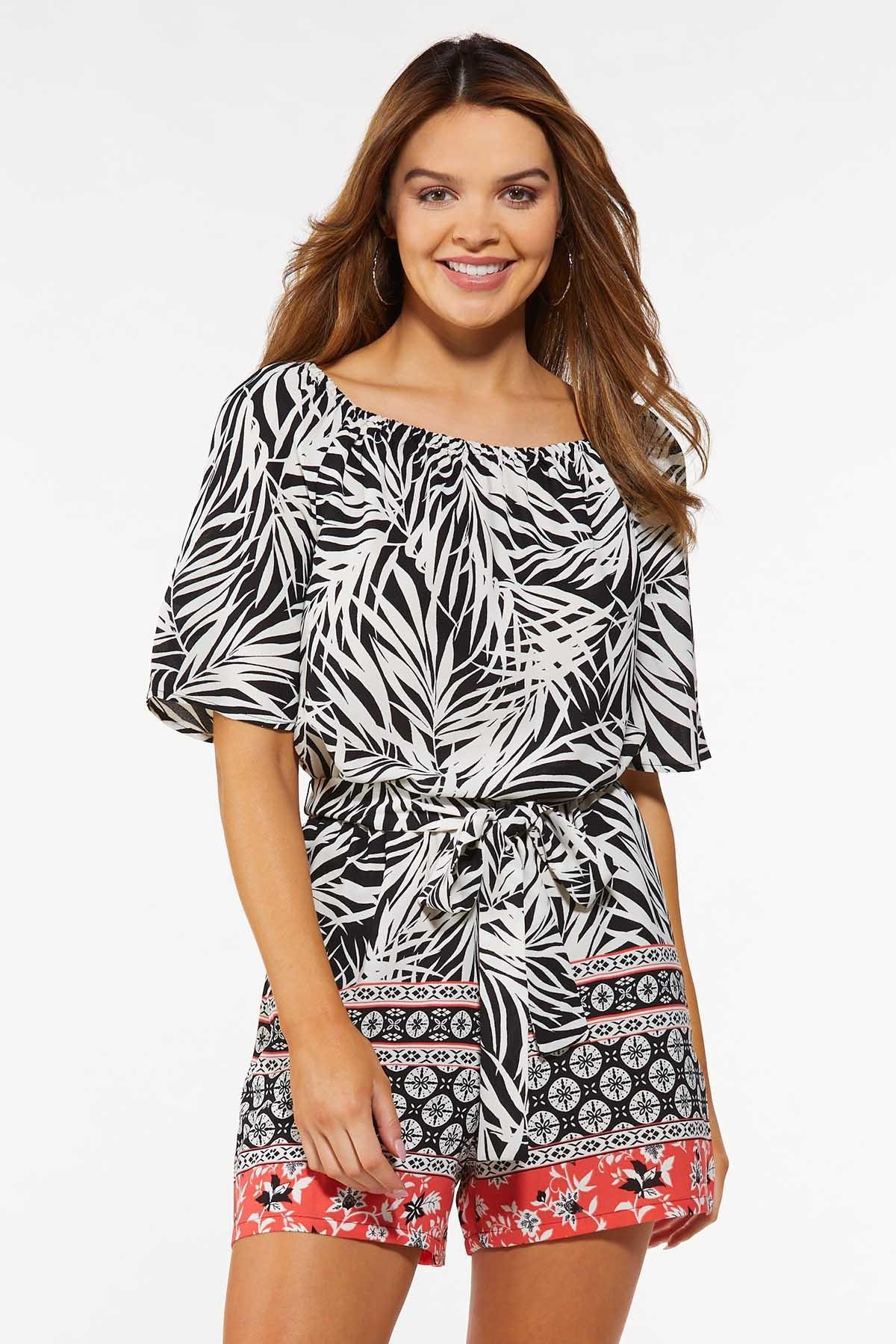 Off Shoulder Mixed Print Romper | Cato Fashions