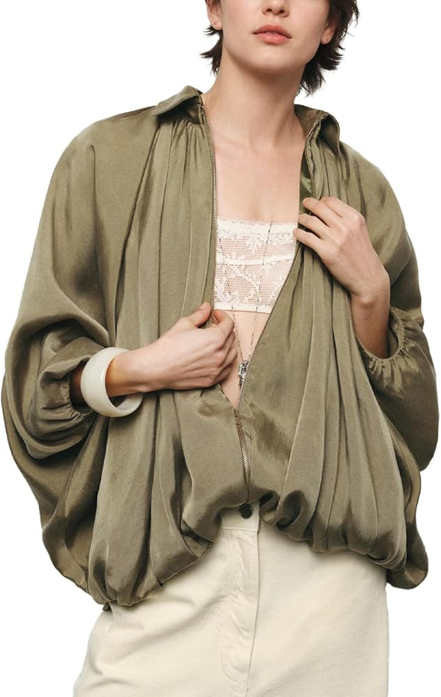 Womens Puffed Bomber Jacket Casual Batwing Sleeve Lapel Collar Zip Shirts Oversized Pleated Stree... | Amazon (US)