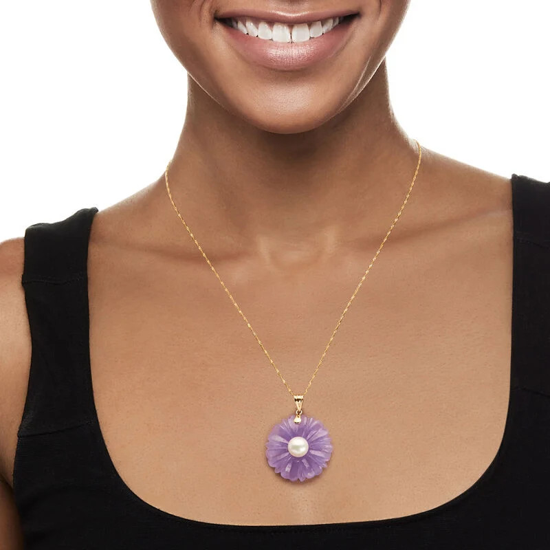 9mm Cultured Pearl and Lavender Jade Flower Pendant in 14kt Yellow Gold | Ross-Simons