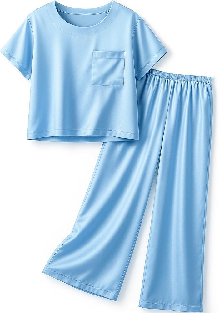 Petite&Me Silk Girls Pajamas Kids/Teens 2 Pieces Lounge Sets Short Sleeve Top & Wide-Leg Pants So... | Amazon (US)