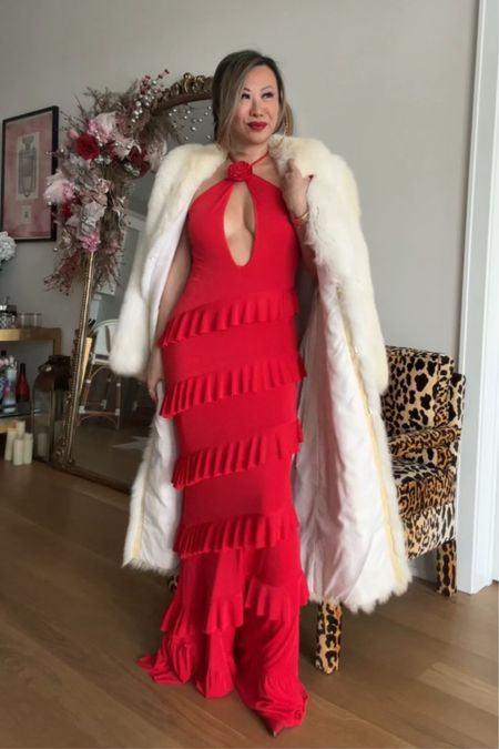 Valentine’s Day outfit idea! Red outfit, all red outfit, red monochrome outfit, Vday outfit, galentines outfit, wedding guest outfit, event outfit, long dress, long red dress, faux fur coat, date night outfit 

#LTKstyletip #LTKSeasonal