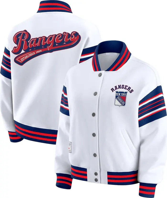 Women's WEAR by Erin Andrews White/Blue New York Rangers Full-Snap Fleece Sweatshirt Jacket | Nordstrom