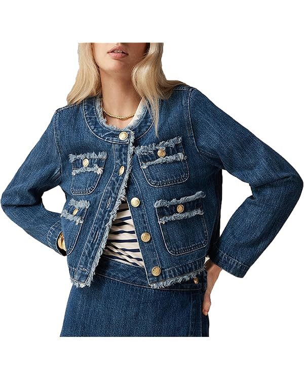 Ladyful Denim Jacket for Women Cropped Frayed Collarless Button Down Long Sleeve Jean Jacket Coat... | Amazon (US)