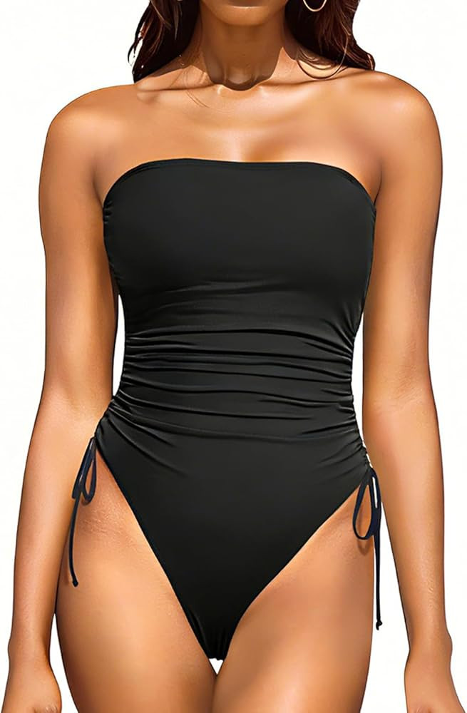 Yonique Women Strapless One Piece Swimsuit Tummy Control Bandeau Bathing Suit Cheeky Swimwear | Amazon (US)