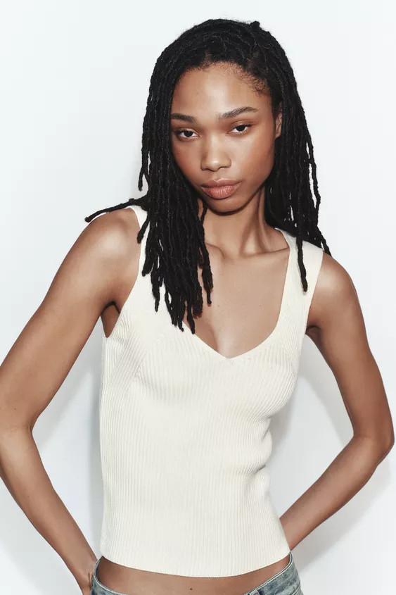 RIBBED KNIT V-NECK TOP | Zara UK