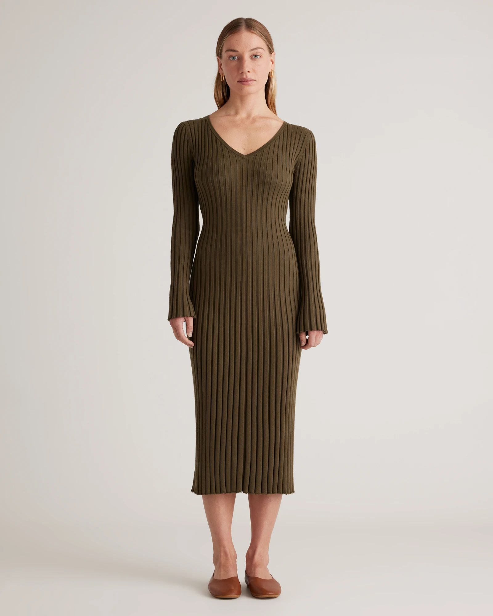 Cotton Cashmere Ribbed Long Sleeve V-Neck Midi Dress | Quince