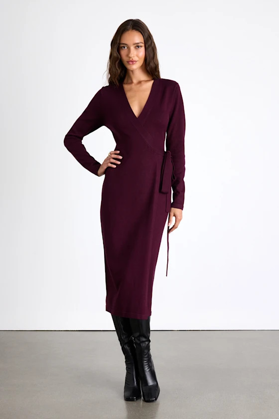 Literary Lover Dark Plum Midi Wrap Sweater Dress | Lulus