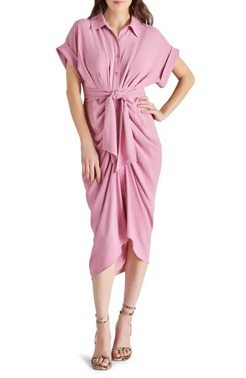 Steve Madden Tori Belted Ruched Slub Midi Shirtdress in Mauve Shadows at Nordstrom, Size 0 | Nordstrom