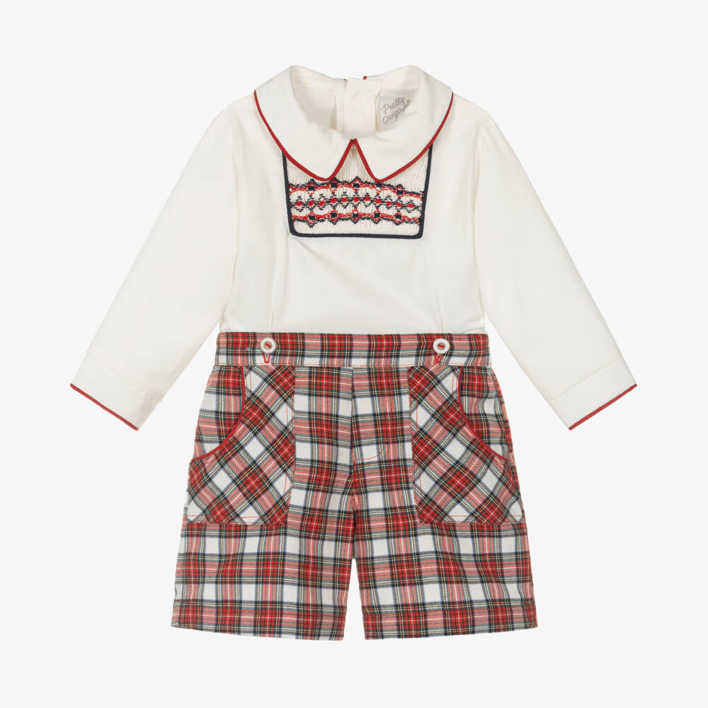 Baby Boys Red Tartan Hand-Smocked Buster Suit | Childrensalon