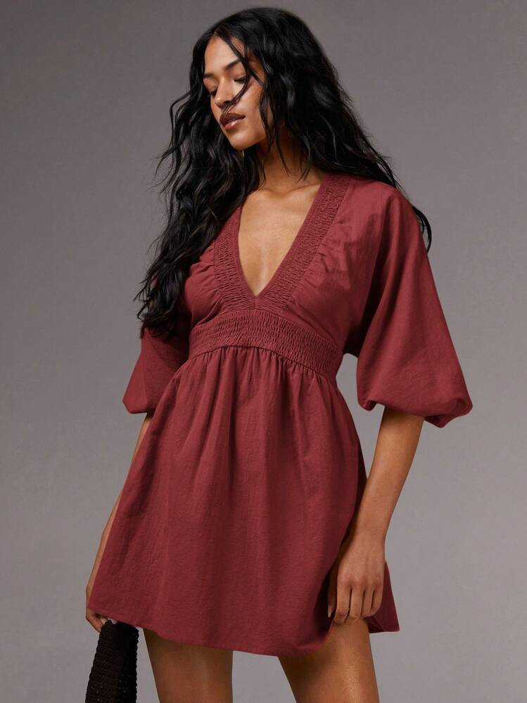 Athîral Women's Solid Color Deep Shirred Lantern Sleeve Drawstring Waist Sexy Mini Dress | SHEIN