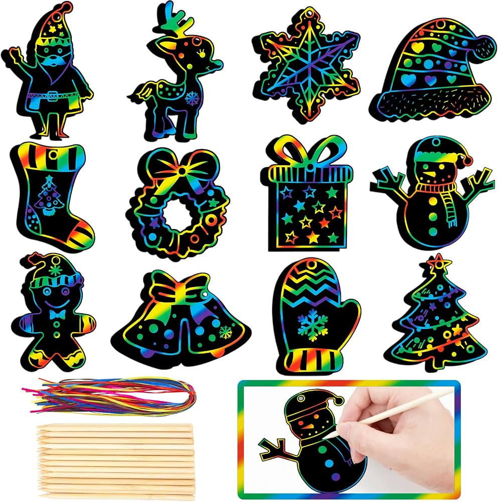 GOMANCHE 48 Pieces Christmas Scratch Art for Kids, DIY Rainbow Scratch Paper Magic Art Crafts Bul... | Amazon (US)