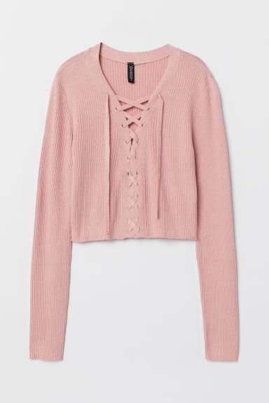 H & M - Short Sweater with Lacing - Pink | H&M (US + CA)