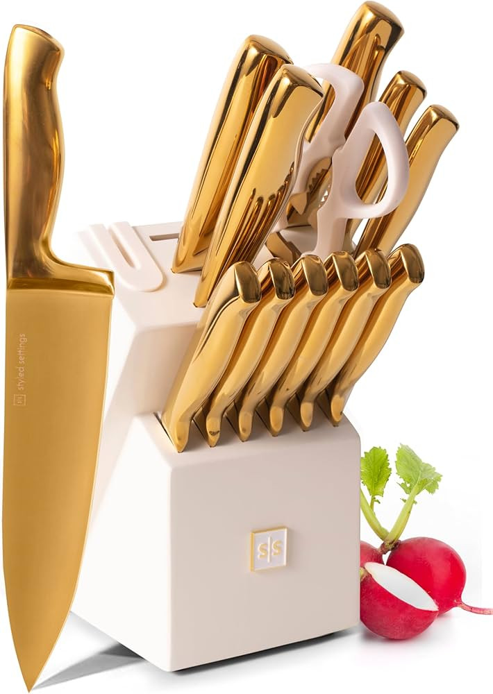 White and Gold Knife Set with Sharpener - 14PC Self Sharpening Knife Block Set - White and Gold K... | Amazon (US)
