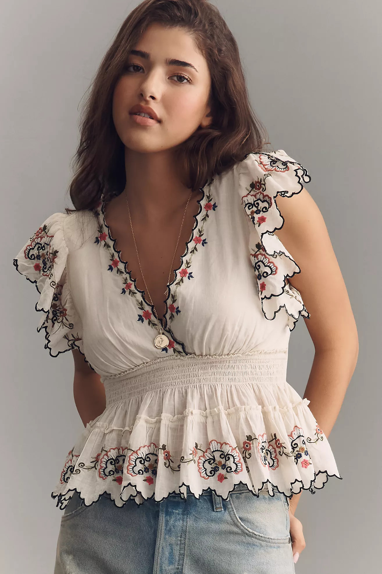By Anthropologie Embroidered Flutter-Sleeve Top | Anthropologie (US)