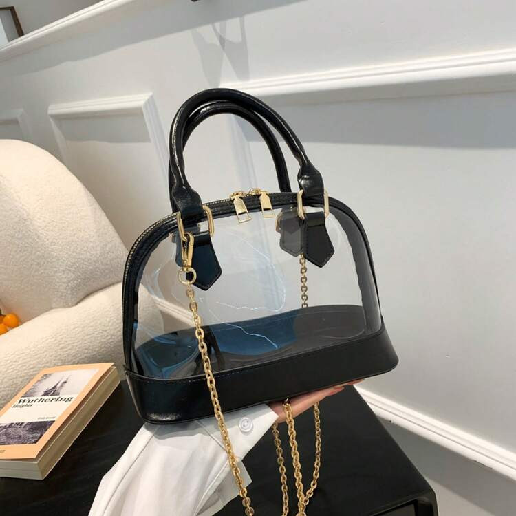 Women's Clear Handbag Transparent PVC Tote Bag With Gold Chain Strap Double Zipper And Black Trim Shoulder Purse | SHEIN