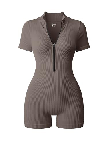 OQQ Women Rompers Ribbed Short Sleeve Zip Front Stretch Tummy Control Yoga Workout Rompers Tea leaf | Amazon (US)