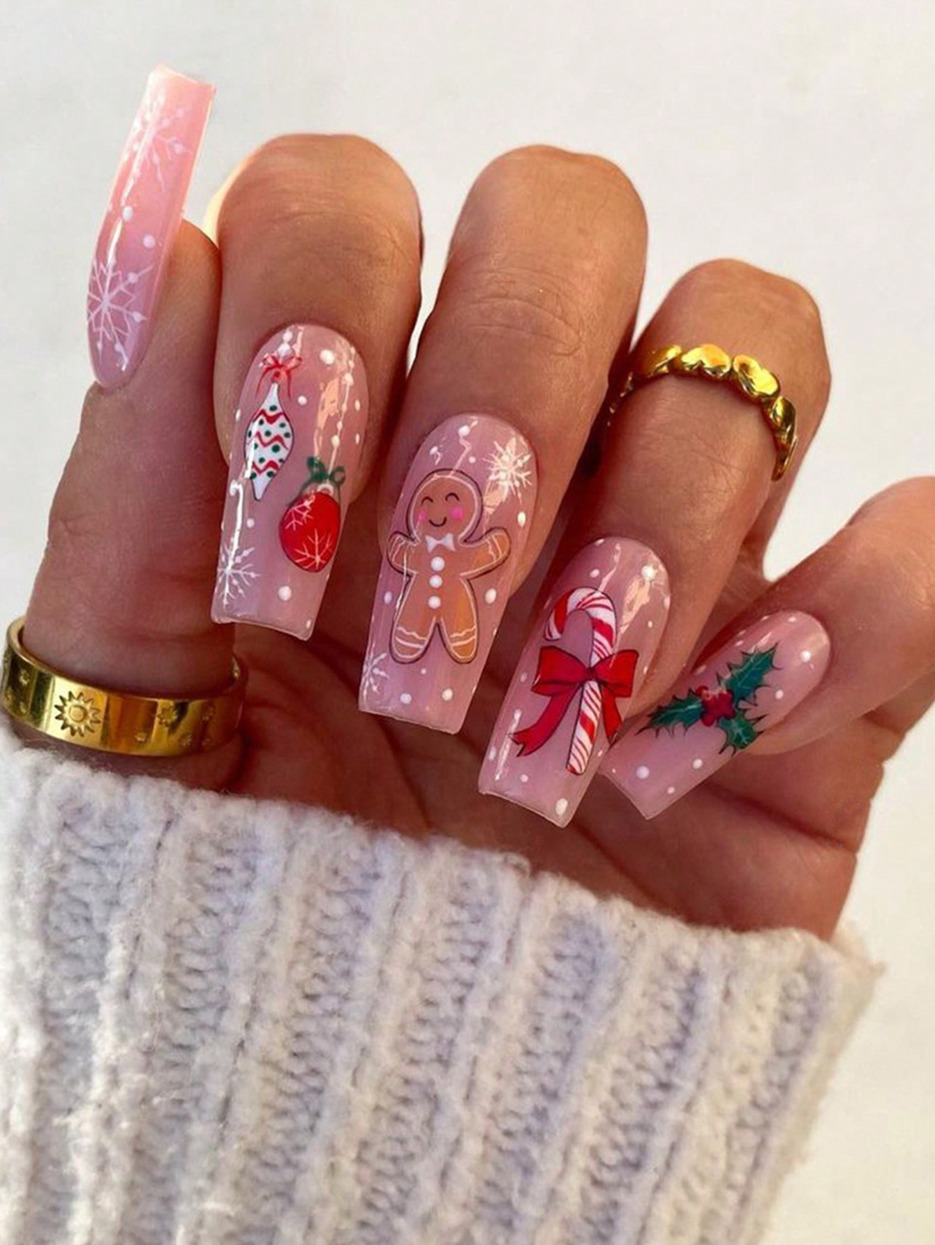 Christmas Gingerbread Man & Candy Gift & Holly Berry 24pcs Short Square False Nails Set For Nail ... | SHEIN