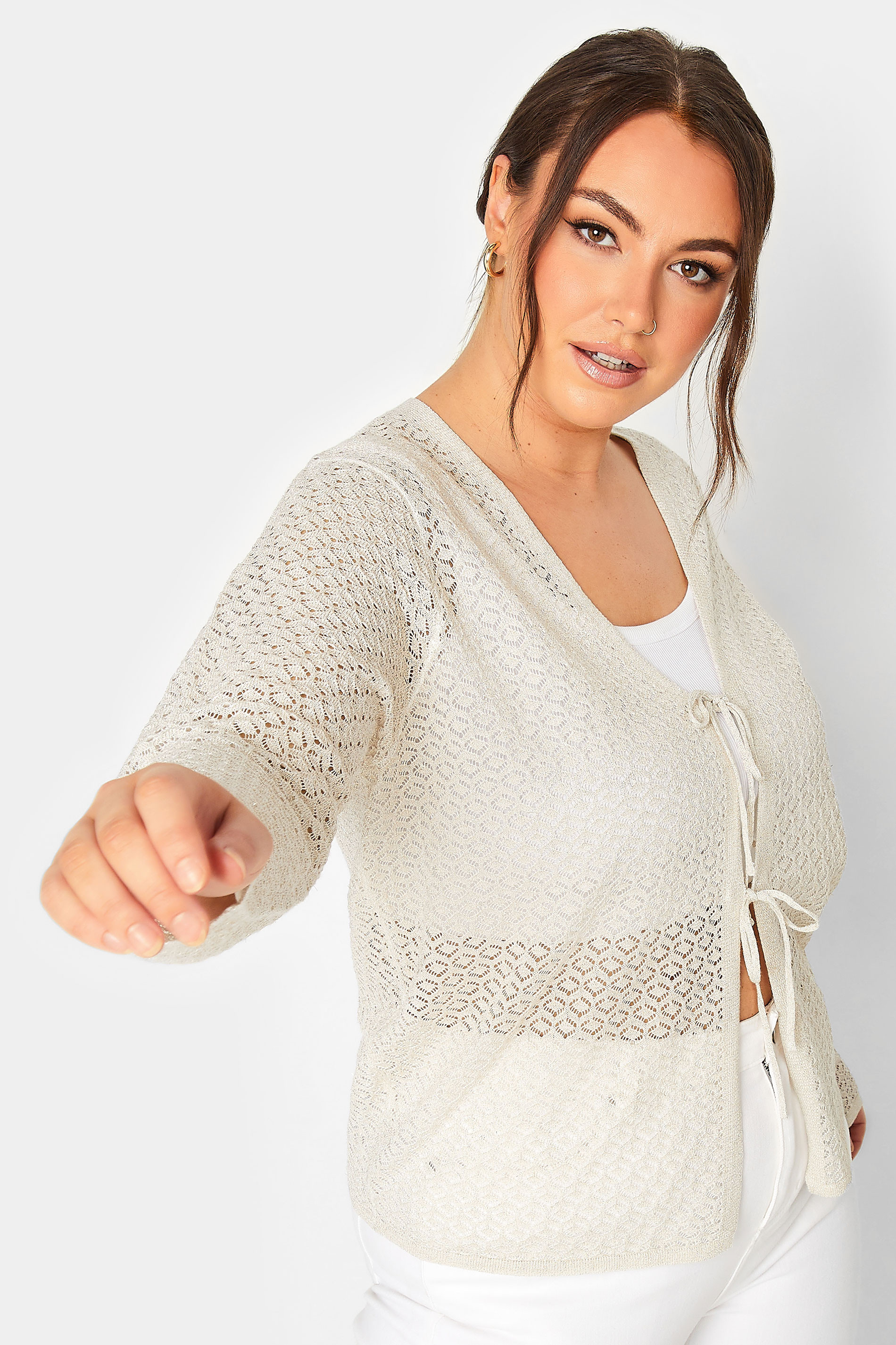 YOURS Curve Plus Size Cream Metallic Tie Knot Front Cardigan | Yours Clothing UK
