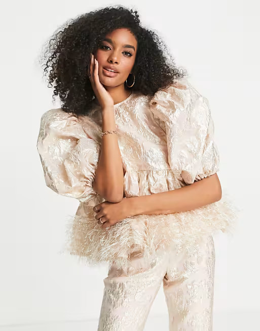 ASOS EDITION metallic jacquard smock top with tinsel fringe hem in blush | ASOS (Global)