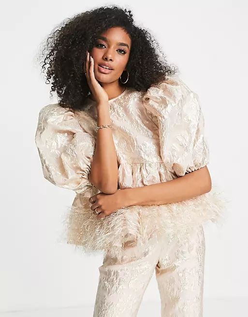 ASOS EDITION metallic jacquard smock top with tinsel fringe hem in blush | ASOS (Global)