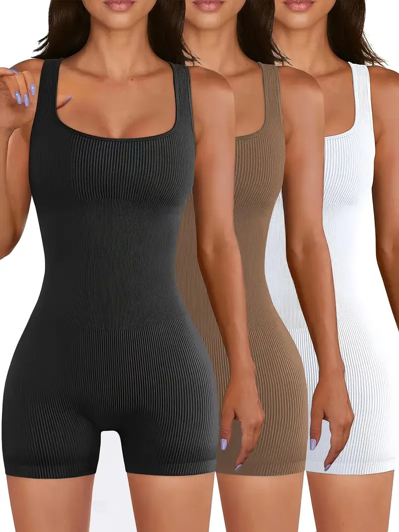 3pcs Women's Solid Color Sleeveless Yoga Jumpsuits, Seamless Ribbed Knit Gym Bodysuits, Casual At... | Temu Affiliate Program