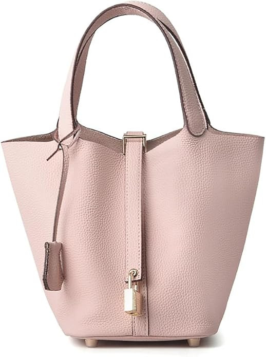 Luxury Mini Bucket Handbag, Pebbled Leather, Gold Lock Detail, Available in Taupe and Beige | Amazon (US)