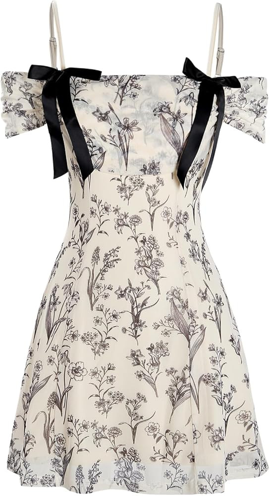 Verdusa Women's Fairycore Floral Print Off The Shoulder Mesh Mini Dress Bow Backless Holiday Cami... | Amazon (US)