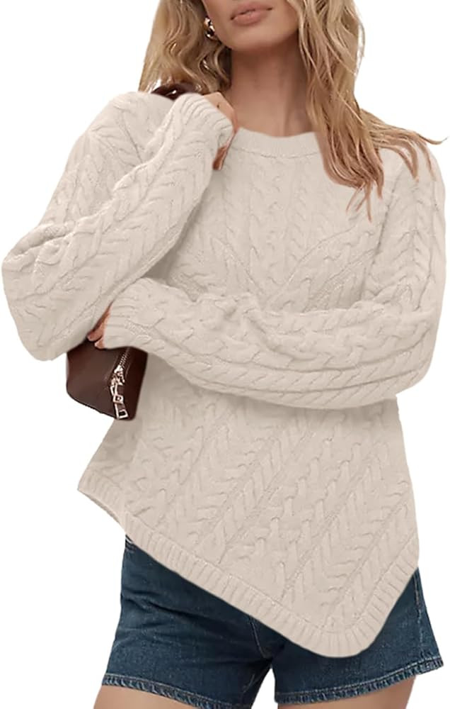 Women’s Cable Knit Sweater Crewneck Long Sleeve Soft Regular Fit with High Low Hem Fashion Pull... | Amazon (US)
