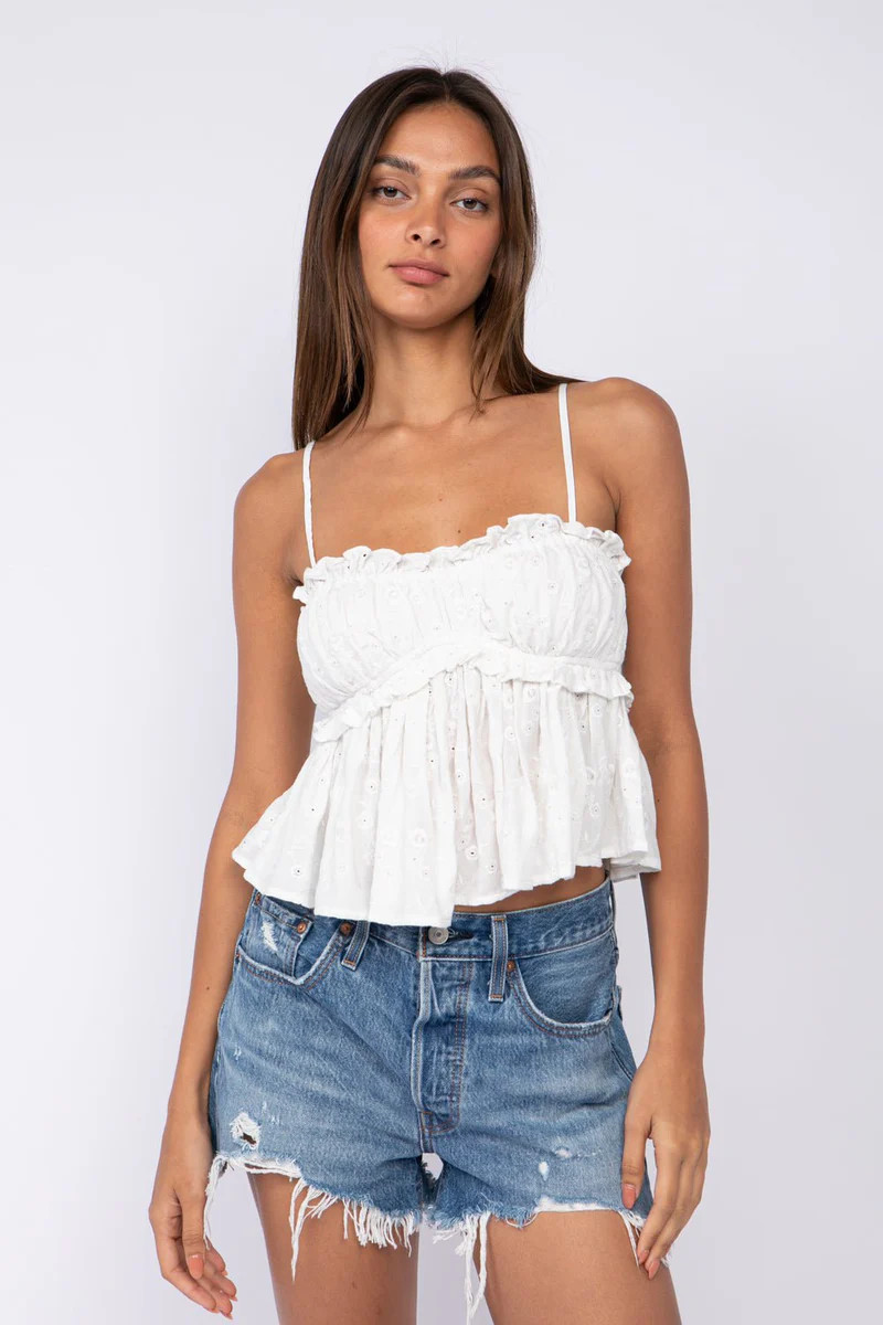 Be My Baby White Ruffled Eyelet Babydoll Top | Boho Pink