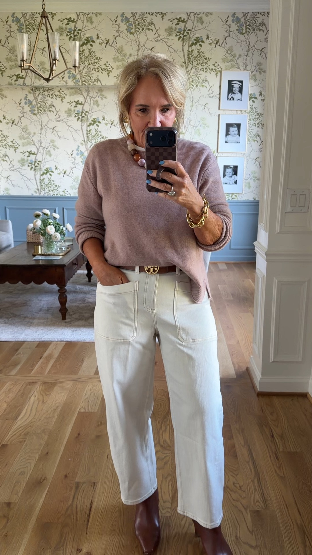 Quince cashmere size medium this sweater is gorgeous 
Barrel jeans size medium petite code LTKSPANX 20% off spanx sitewide! 
Necklace 25% off! 
Tshirt is fitted so size up to a large