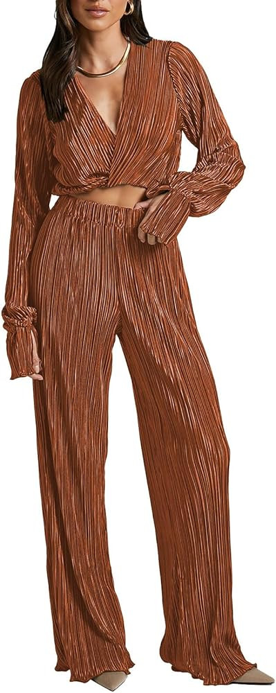 Pink Queen 2 Piece Outfits for Women Long Sleeve V Neck Cropped Shirt and Wide Leg Pants Sets Coc... | Amazon (US)