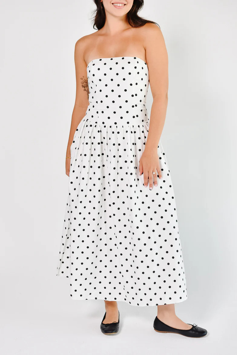 La Dolce Dot Strapless White and Black Polka Dot Maxi Dress | Confête