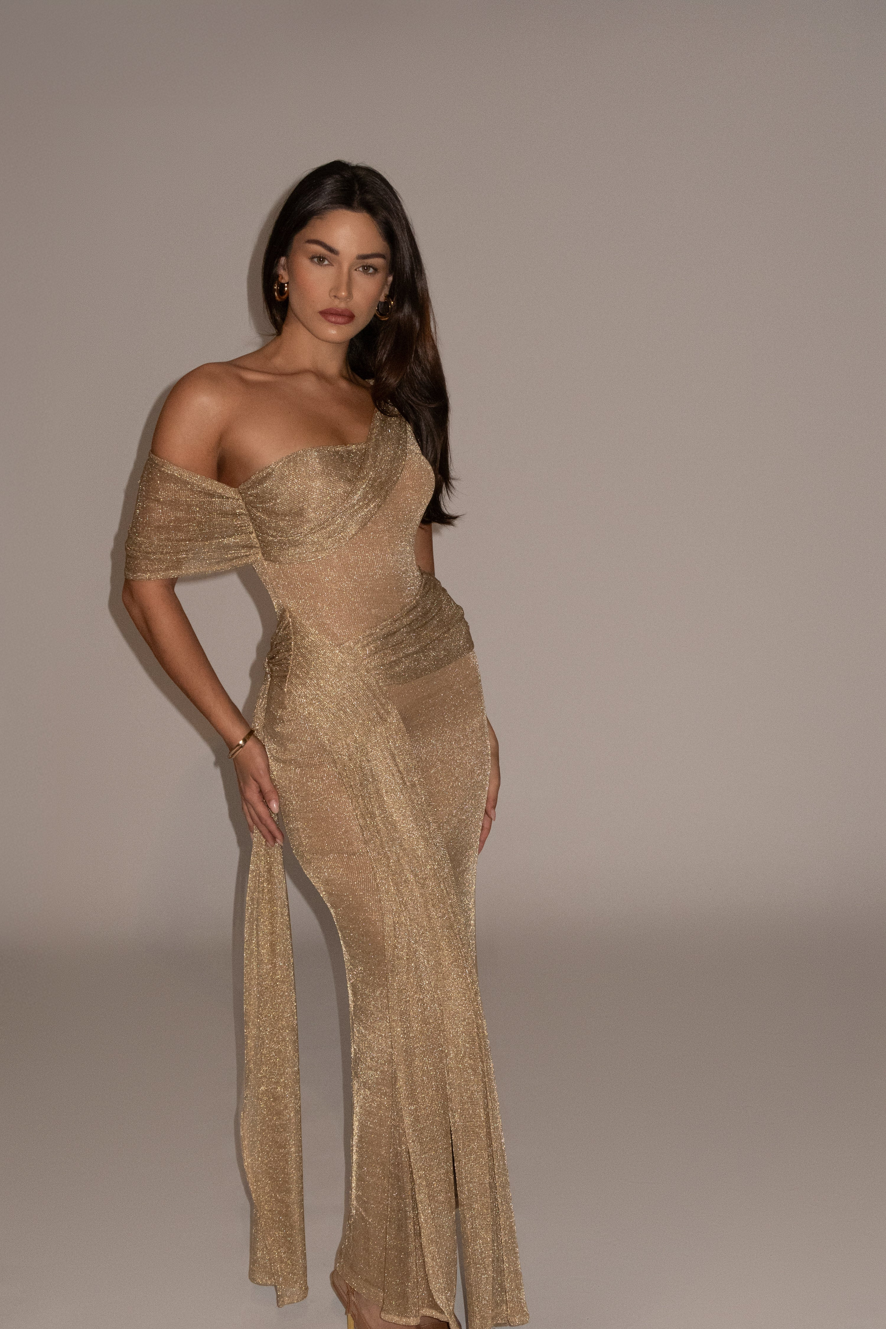 Gold Draped Metallic Maxi Dress | JLUXLABEL