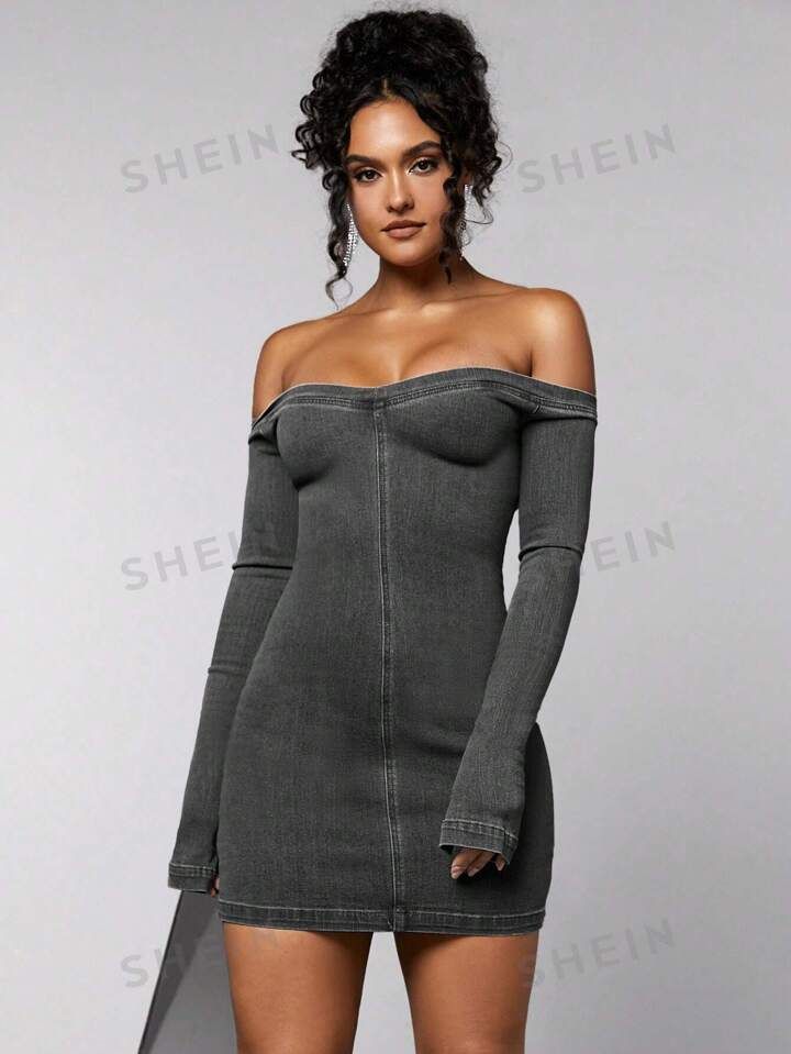 SHEIN BAE Off Shoulder Bodycon Denim Dress | SHEIN
