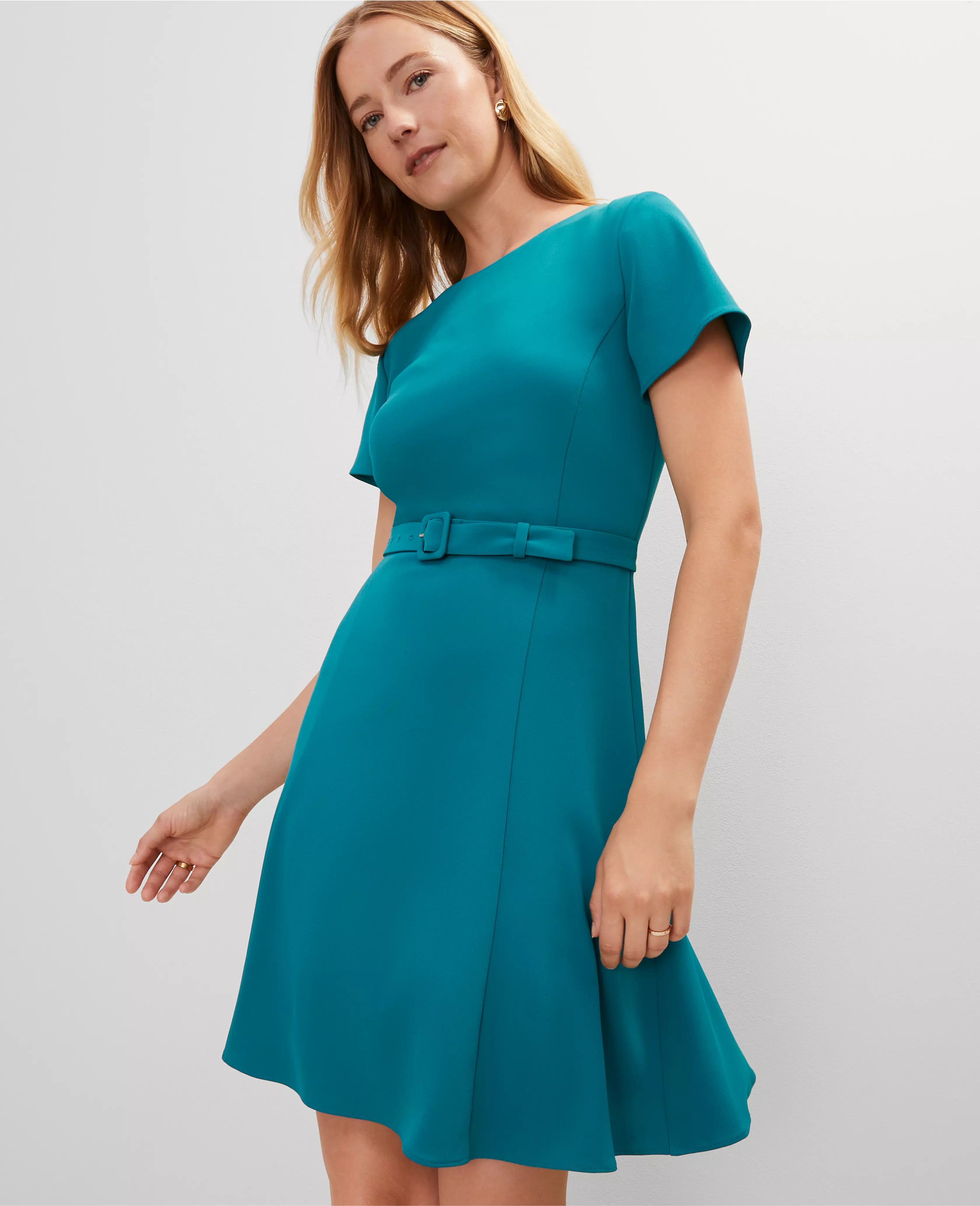 Crew Neck Belted Flare Dress | Ann Taylor