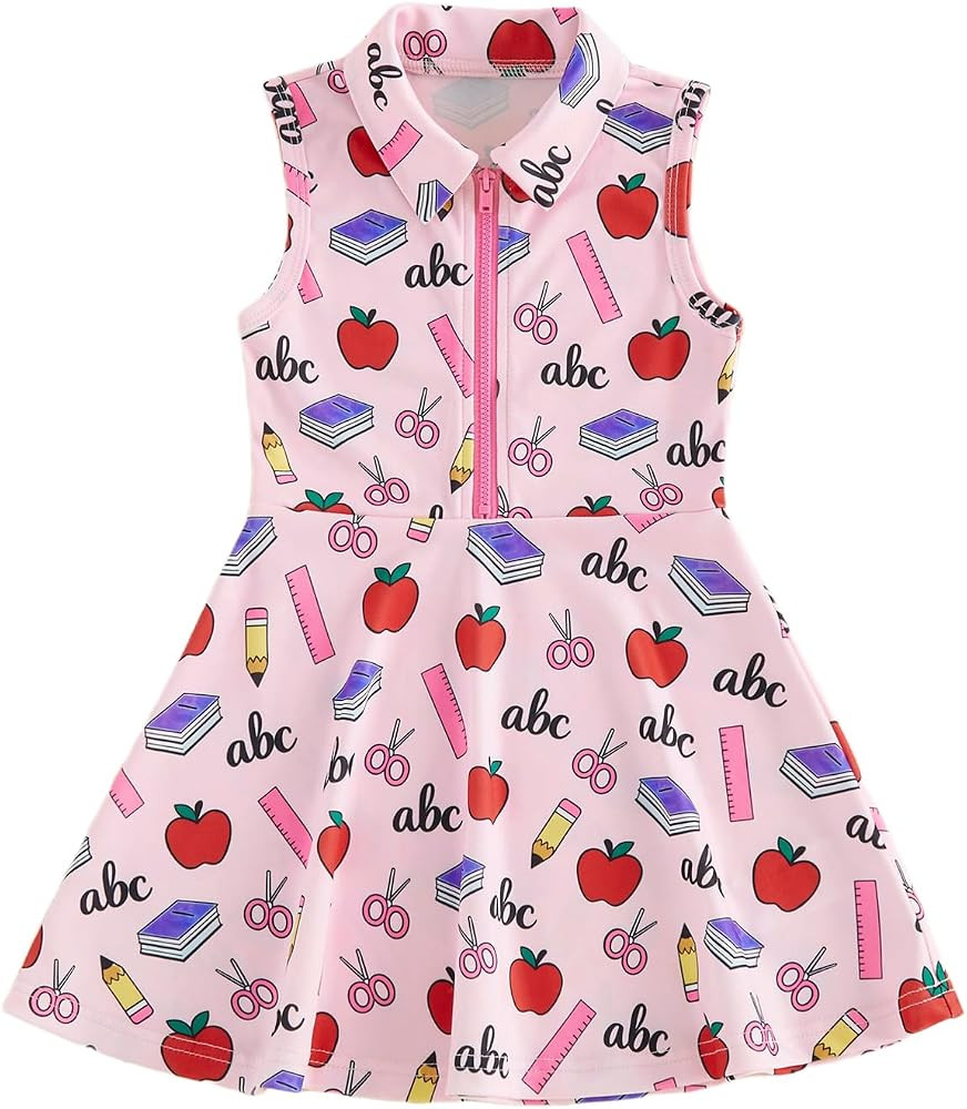 Little Girls Back to School Outfit Toddler Lapel Pencil Book Print Polo Dress Cute Zipper A Line ... | Amazon (US)