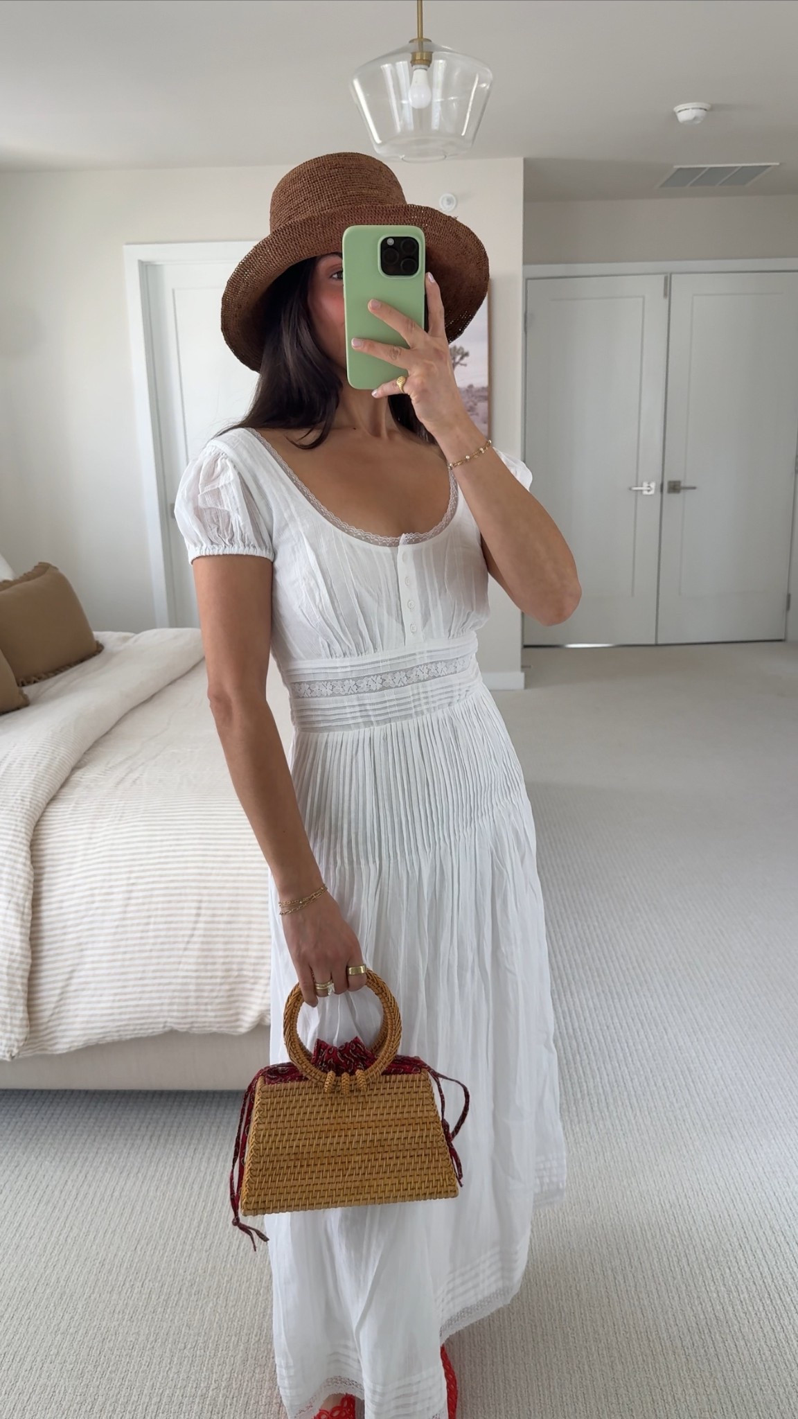 spring outfit! wearing size XS in dress but wish I sized down one more, size S in hat! 