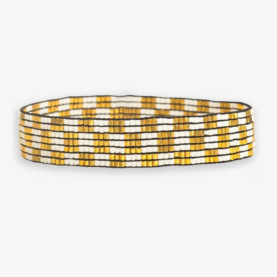 Alex Small Checkered Beaded Stretch Bracelet Ivory/Gold | INK+ALLOY