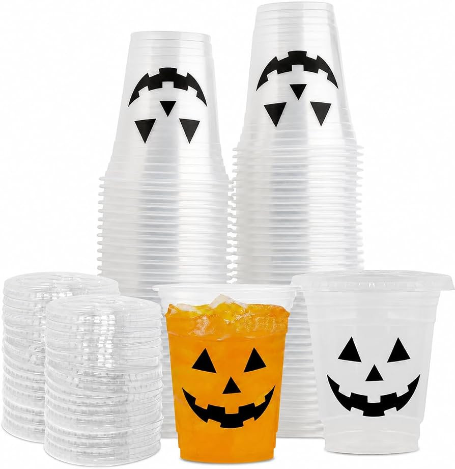 72 Halloween Disposable Plastic Cups with Lids Pumpkin Face Design 12 oz | Amazon (US)
