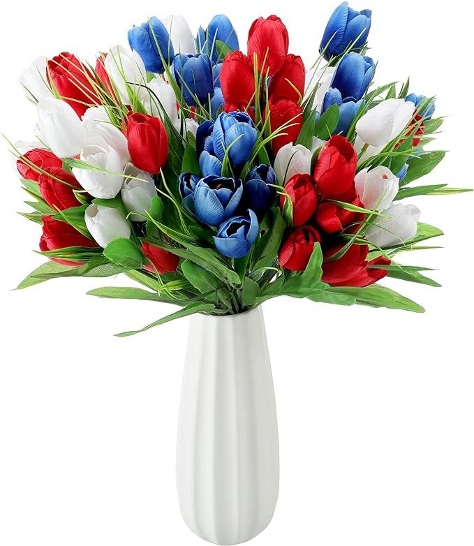Yingzhao 54 Pcs Patriotic Artificial Flower Multicolor 4th of July Artificial Tulips Patriotic Fl... | Amazon (US)