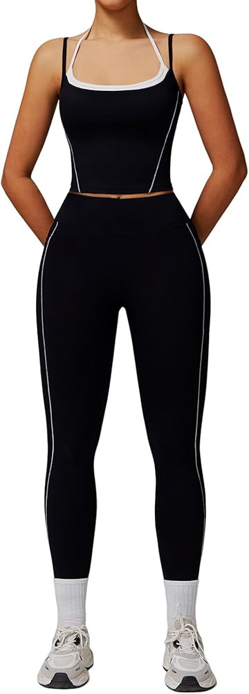 Womens Workout Sets Two Piece Spaghetti Straps Tank Top Matching High Waist Leggings Gym Work Out... | Amazon (US)