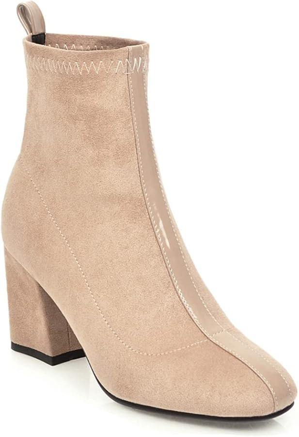 VOKLIN Women's Square Toe Dressy Ankle Boots Pull On Chunky Block High Heels Stretchy Dress Short... | Amazon (US)