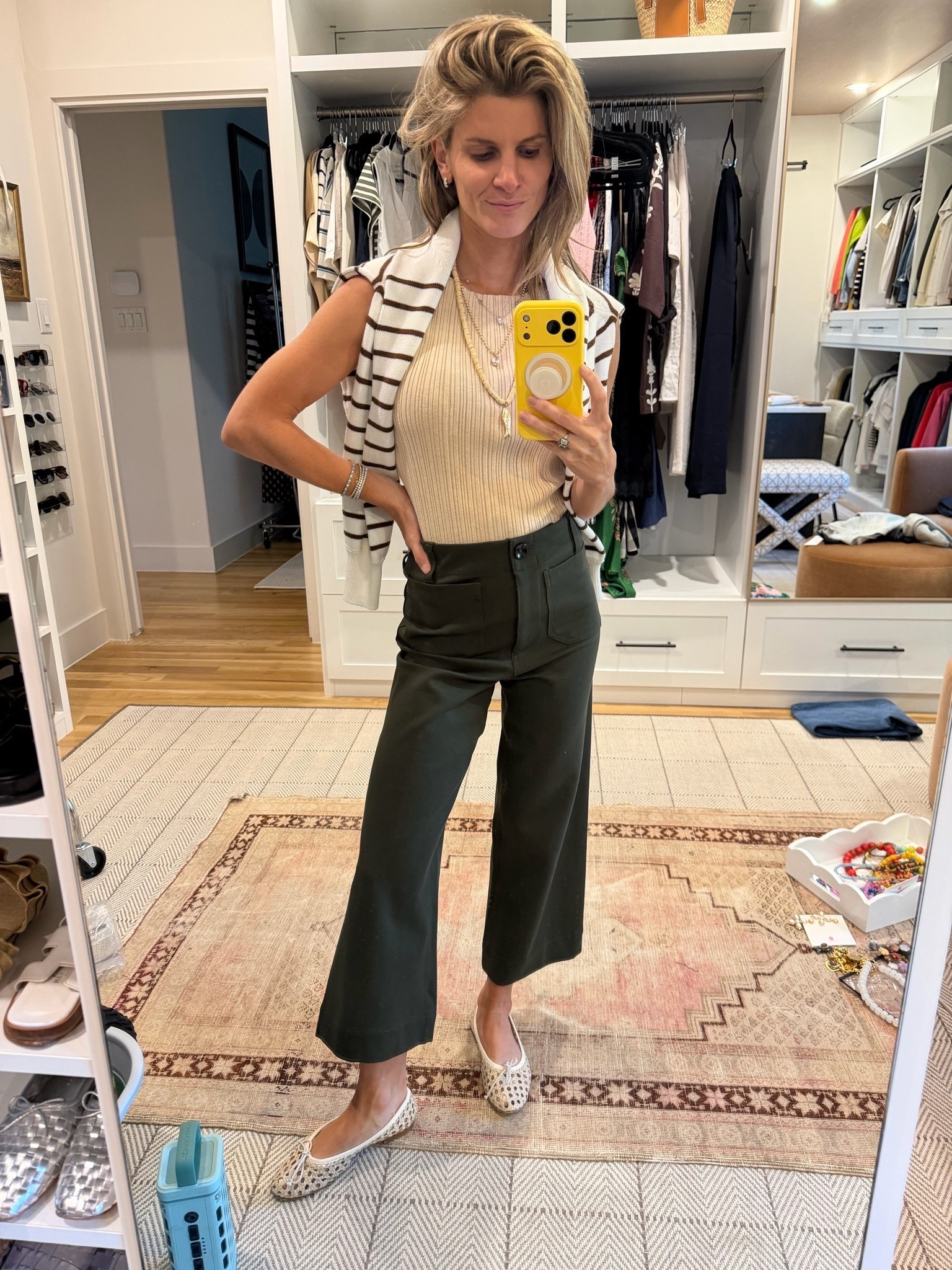 Quince wide leg olive green pants (TTS) and quince ribbed boatneck tank. Margaux woven ballets. Amazon striped sweater.