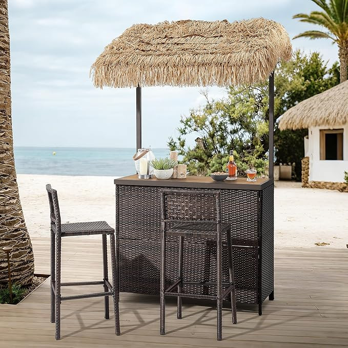 Outdoor Tiki Bar Set, 3 Pieces All-Weather Wicker Patio Bar Set with 2 Height Stools and Storage,... | Amazon (US)