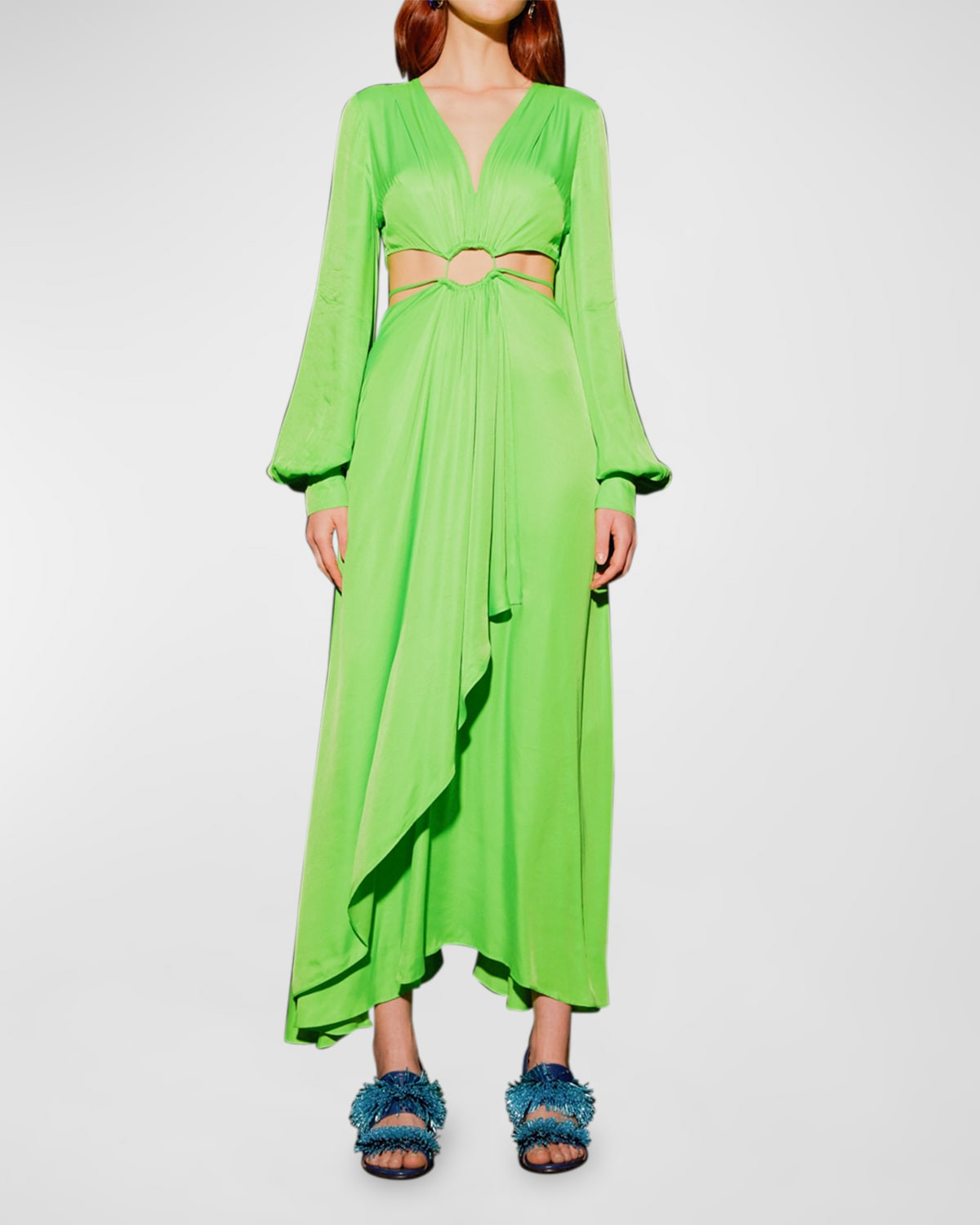 Lime Green Cutout Blouson-Sleeve Maxi Dress | Neiman Marcus
